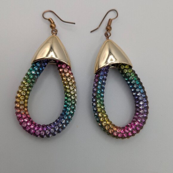 Crystal Women's Teardrop Hoop Multicolored Earrings Lightweight Gold Tone - Picture 2 of 7